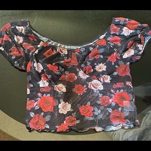 SHEIN Floral Print Lettuce Trim Mesh Crop